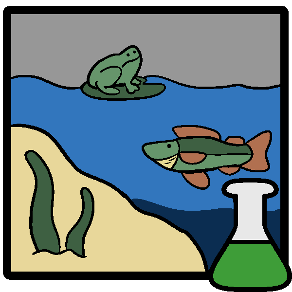 A sideview of a lake with a frog on a lilypad and a walleye as well as an aquatic plant in a frame with a green beaker in the corner.